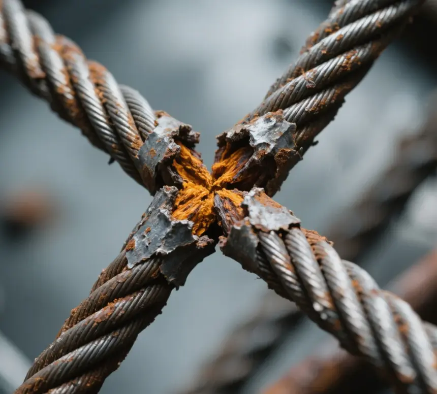 Rust and hidden damage on the steel wire rope